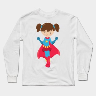 Superhero Girl, Cute Girl, Brown Hair, Red Cape Long Sleeve T-Shirt